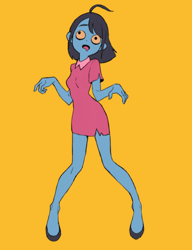 a cartoon of a girl with blue legs and a pink shirt