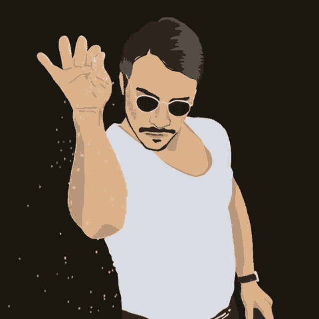 a man with a mustache wearing sunglasses and a white shirt is sprinkling salt on his face