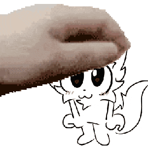 a pixel art of a hand petting a cat with hearts on its eyes .