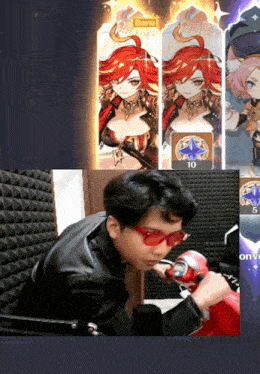 a man wearing red glasses is sitting in front of a screen that has the number 10 on it