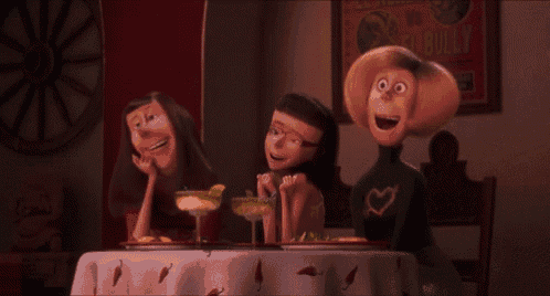 two cartoon characters are sitting at a table eating food and drinking cocktails .