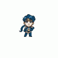 a pixel art of a girl with blue hair holding a sword and a pair of yellow lightsabers .
