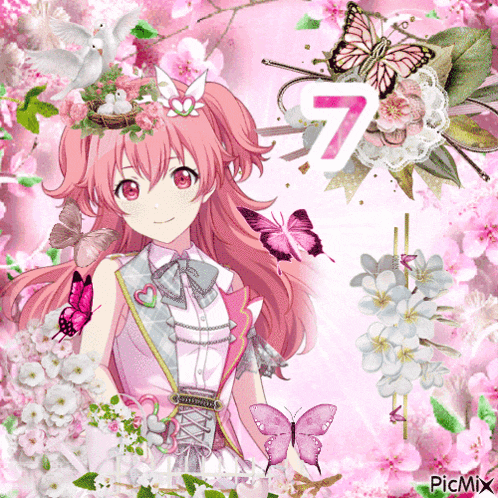 a girl with pink hair is surrounded by pink butterflies and flowers with the number 7 in the background