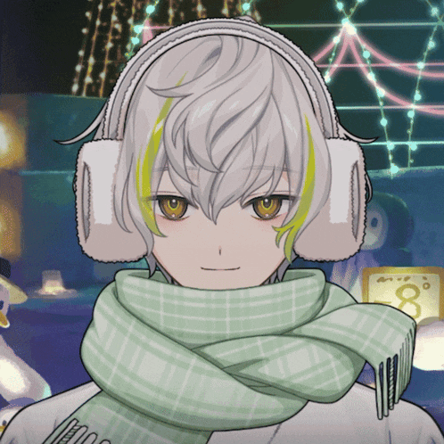 a person wearing headphones and a green scarf with the number 8 on it