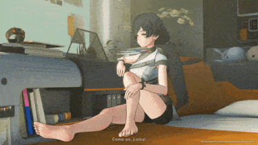 a girl sits on a bed with the words come on lotta written on the bottom