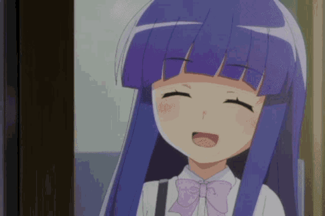 a girl with blue hair and a purple bow tie is smiling .