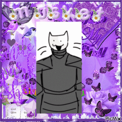 a picture of a cat on a purple background with the word musket