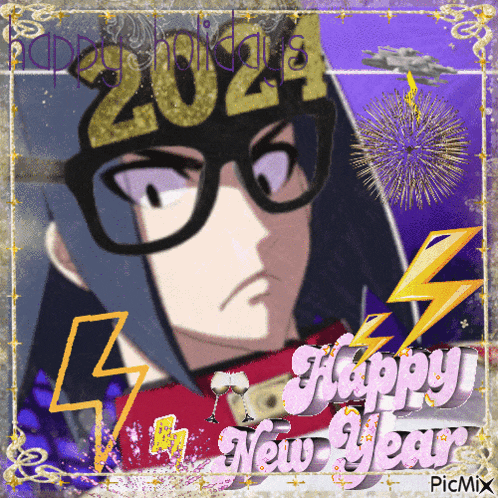 a picture of a girl with glasses and a happy new year sign