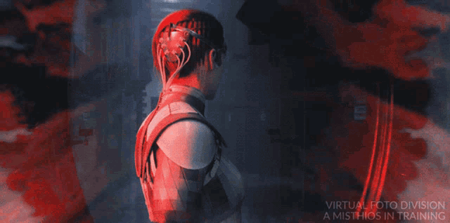 a video game character with the words virtual foto division a misthios in training below him