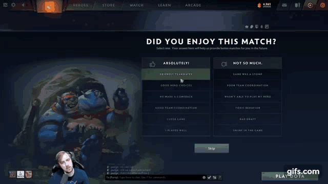 a man is playing a video game with a screen that says did you enjoy this match