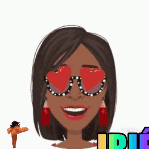 a cartoon of a woman wearing heart shaped sunglasses with the word irie below her