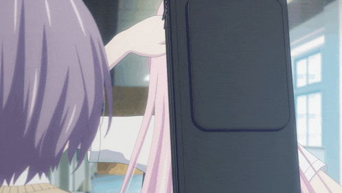 a girl with purple hair is holding a black item