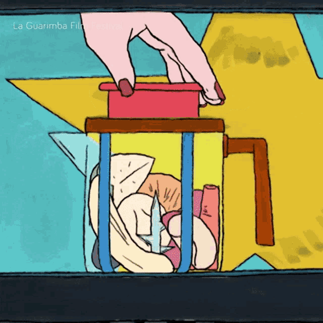 a la guarimba film festival poster with a cartoon of a hand holding something