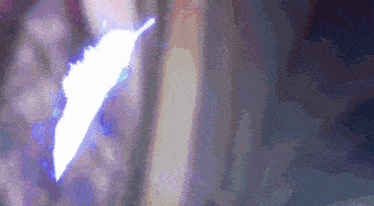 a white feather is glowing in the dark with a purple background