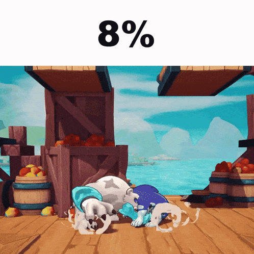 a cartoon scene with a percentage of 8% written above it