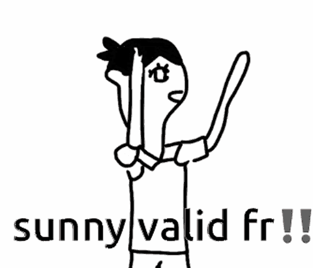 a black and white drawing of a person with the words sunny valid fr !!