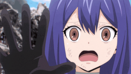 a girl with purple hair and brown eyes holds her hand out