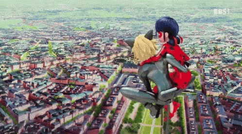 a couple of cartoon characters flying over a city .