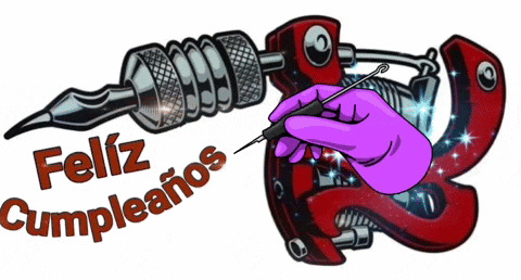 a tattoo machine with a hand holding a needle and the words feliz cumpleanos