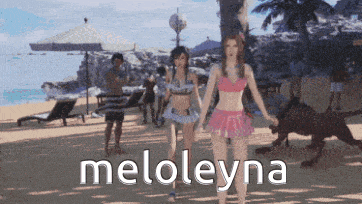 two women in bikinis are walking on a beach with meloleyna written on the bottom right