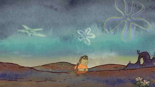 a cartoon of a man standing in front of a spotlight with spongebob squarepants in the background