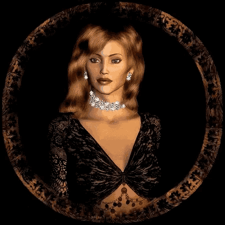 a woman wearing a necklace and earrings is surrounded by a circular frame .