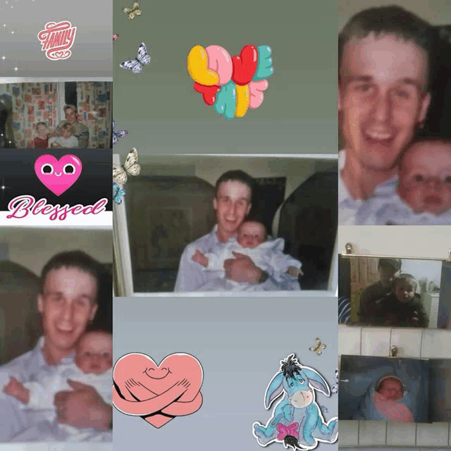 a picture of a man holding a baby with a heart that says blessed on it