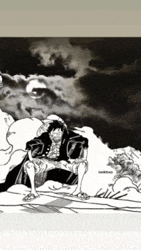 a black and white drawing of monkey d luffy in a cloudy sky