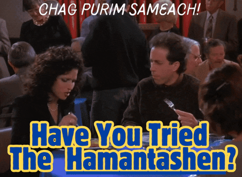 a man and a woman are sitting at a table with the words " have you tried the hamantashen " above them