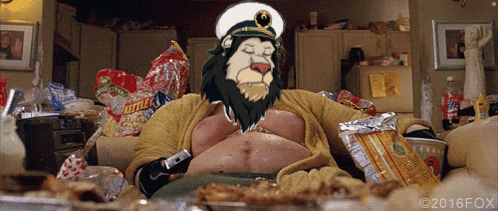 a cartoon of a lion wearing a captain 's hat is surrounded by chips