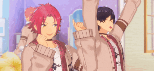 a couple of anime characters are standing next to each other with their arms in the air