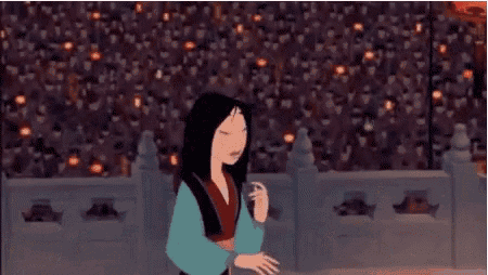 mulan from mulan is standing on a bridge in front of a crowd of people .