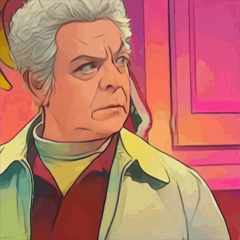 a cartoon of a man with gray hair and a yellow shirt