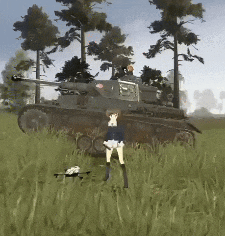 a girl standing in a field with a tank in the background and a drone in the foreground