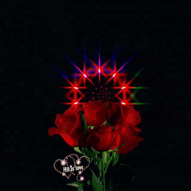 a bunch of red roses in front of a colorful background with the word love on it