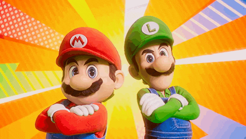 mario and luigi are standing next to each other with their arms crossed in front of a colorful background .
