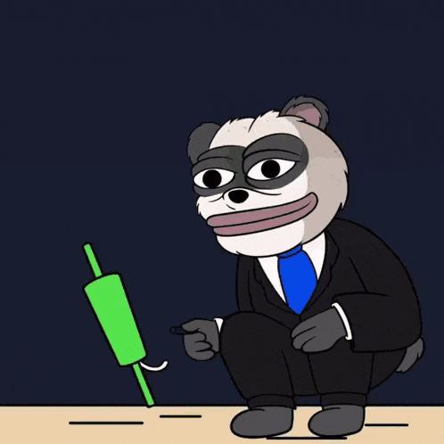 a cartoon drawing of a bear in a suit and tie pointing at a green object