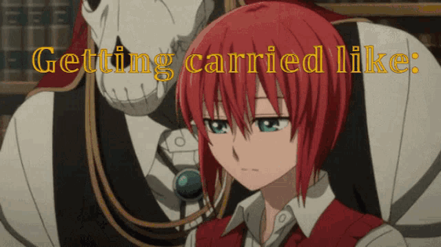 a girl with red hair is standing next to a skeleton and the words getting carried like