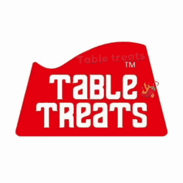 the logo for table treats is a red triangle with the words `` table treats '' on it .