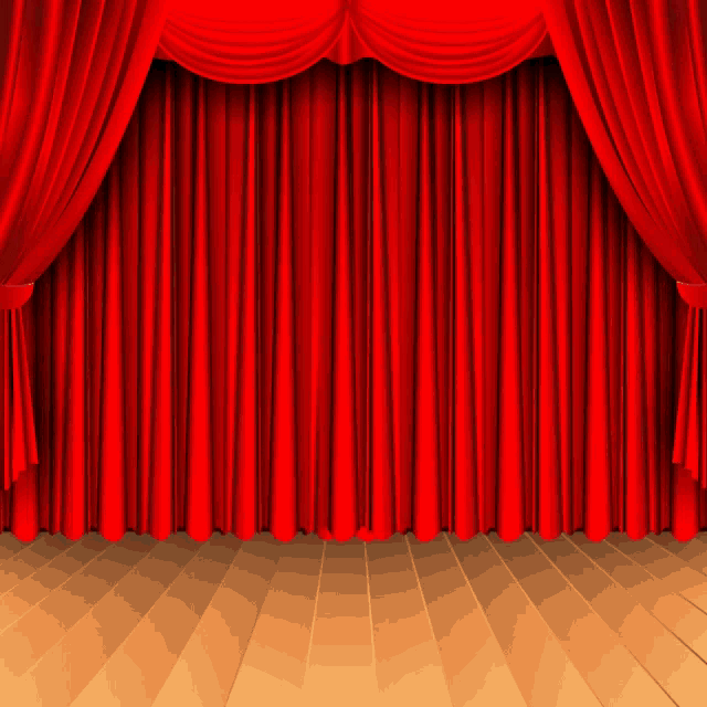 an empty stage with red curtains and a wood floor