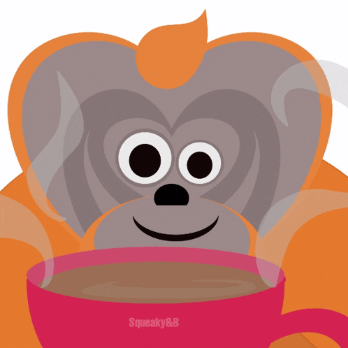 a cartoon of a monkey holding a cup of coffee says squeaky & b