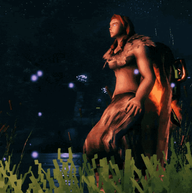 a statue of a woman standing in the grass with a purple background