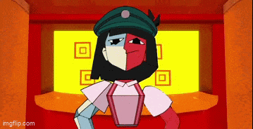 a cartoon character with two faces and a hat is standing in front of a yellow wall .