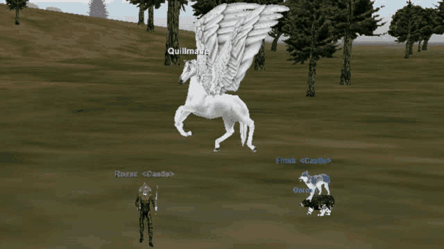 a video game screen shows a pegasus and a wolf named gar