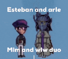 a couple of cartoon characters standing next to each other with the words esteban and arle mimi and wlw duo