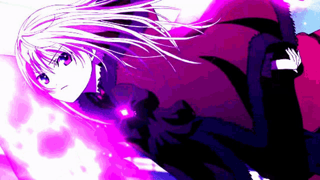 a girl with long white hair and blue eyes is wearing a purple dress