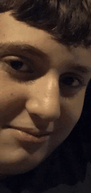 a close up of a person 's face with a slight smile