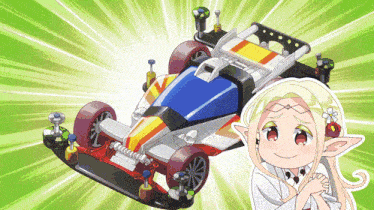 a cartoon girl stands next to a toy car