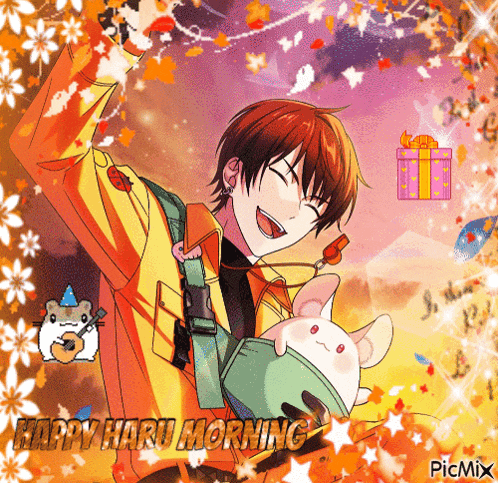 a happy haru morning greeting card with a boy holding a stuffed bunny