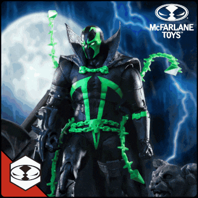 a spawn action figure from mcfarlane toys is standing in front of a full moon